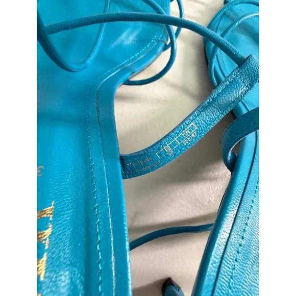Zara Blue Leather Strappy Lace Up Square Toe Stiletto Heeled Sandals 39 8 - Picture 6 of 9